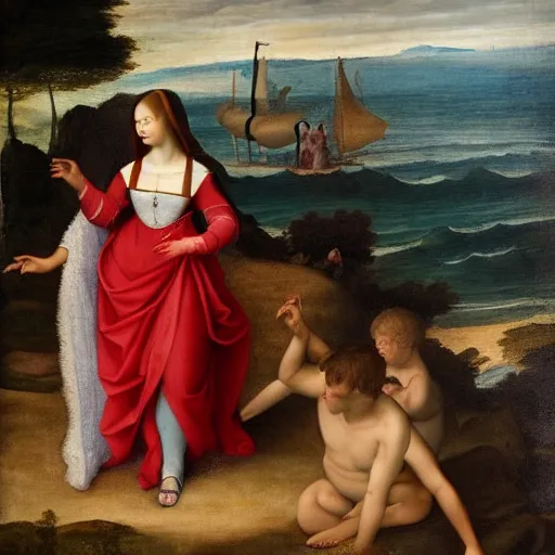 Prompt: princess walking by the beach in the style of a renaissance painting