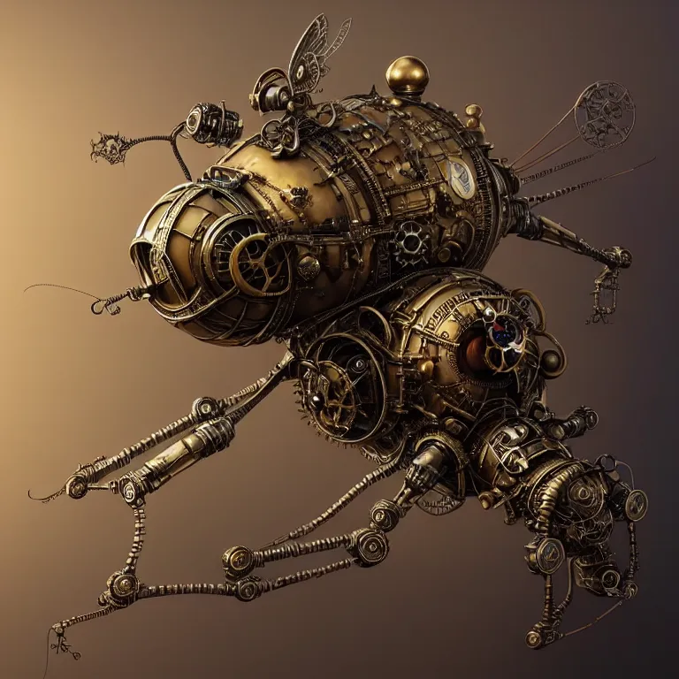 Image similar to steampunk robot fly, 3 d model, unreal engine realistic render, 8 k, micro detail, intricate, elegant, highly detailed, centered, digital painting, artstation, smooth, sharp focus, illustration, artgerm, tomasz alen kopera, peter mohrbacher, donato giancola, joseph christian leyendecker, wlop, boris vallejo