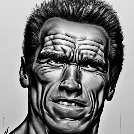 Image similar to portrait arnold schwarzenegger by yusuke murata and masakazu katsura, artstation, highly - detailed, cgsociety, pencile and ink, city in the background, dark colors, intricate details h 7 0 4