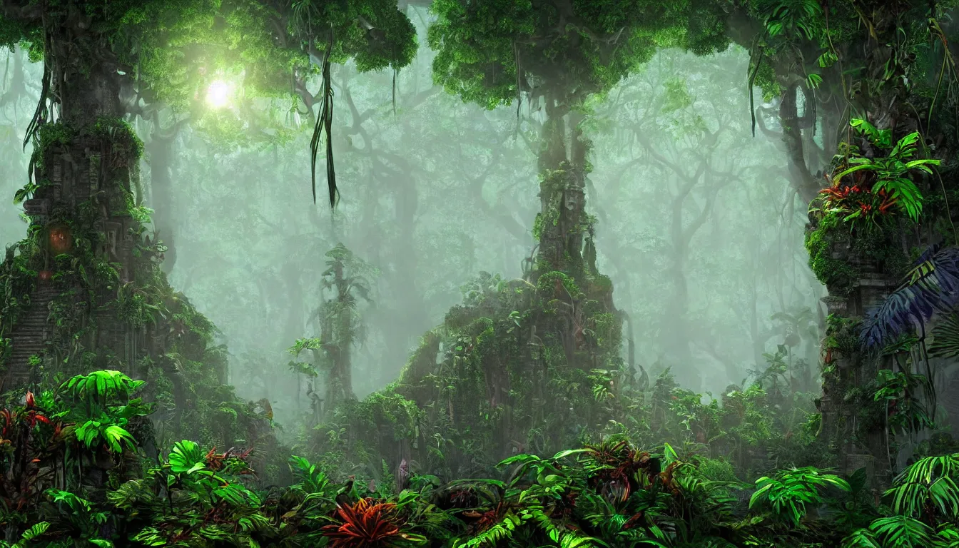 Image similar to entrance to the mayan jungle forest realm of biodiversity , side-scrolling 2d platformer game level, swirling clouds of magical mist in the trees, fantasy vegetation, majestic ancient temple pillar ruins, dramatic dusk sun illuminates areas, volumetric light , detailed entangled roots carpet the forest floor, rich color, upscale , 8k