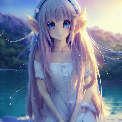 Image similar to a very beautiful anime elf girl, full body, long silver hair with a flower, sky blue eyes, full round face, short smile, casual clothes, ice snowy lake setting, cinematic lightning, medium shot, mid-shot, highly detailed, trending on Artstation, Unreal Engine 4k, cinematic wallpaper by Stanley Artgerm Lau, WLOP, Rossdraws, James Jean, Andrei Riabovitchev, Marc Simonetti, and Sakimichan