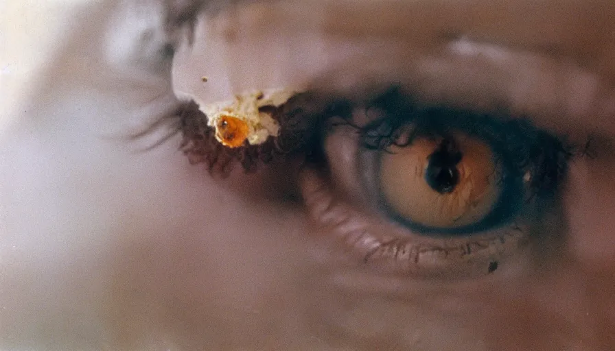 Image similar to 7 0 s movie still of a woman with a fungus on the eye, cinestill 8 0 0 t 3 5 mm technicolor, heavy grain, high quality, high detail