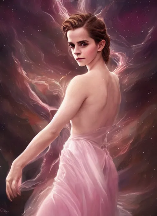 Image similar to emma watson as nature magic celestial, top down pose, long hair, soft pink and white transparent cloth, space, D&D, shiny background, intricate, elegant, highly detailed, digital painting, artstation, concept art, smooth, sharp focus, illustration, artgerm, bouguereau