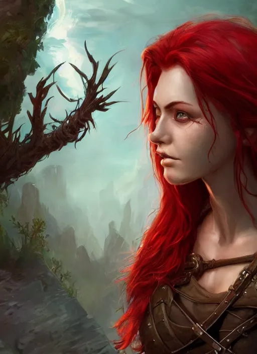 Prompt: red hair female, ultra detailed fantasy, dndbeyond, bright, colourful, realistic, dnd character portrait, full body, pathfinder, pinterest, art by ralph horsley, dnd, rpg, lotr game design fanart by concept art, behance hd, artstation, deviantart, hdr render in unreal engine 5