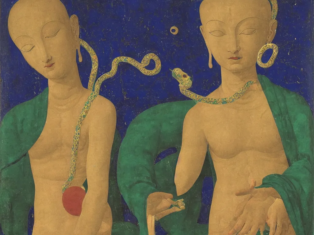 Image similar to portrait of a buddhist deity with snake, night. lapis lazuli, malachite, cinnabar, gold. painting by piero della francesca, balthus, agnes pelton
