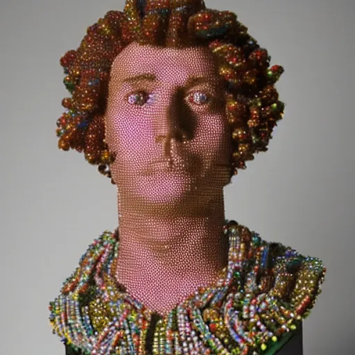 Prompt: A bust of an eccentric pop star made of beads and yarn studio lighting