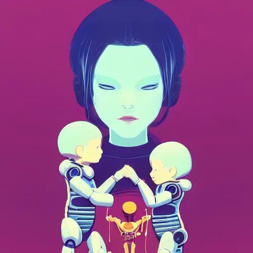 Prompt: a robot mother embracing her two robot children. beautiful clear well composed image. clean cel shaded vector art by lois van baarle, artgerm, helen huang, by makoto shinkai and ilya kuvshinov, rossdraws, illustration, art by ilya kuvshinov