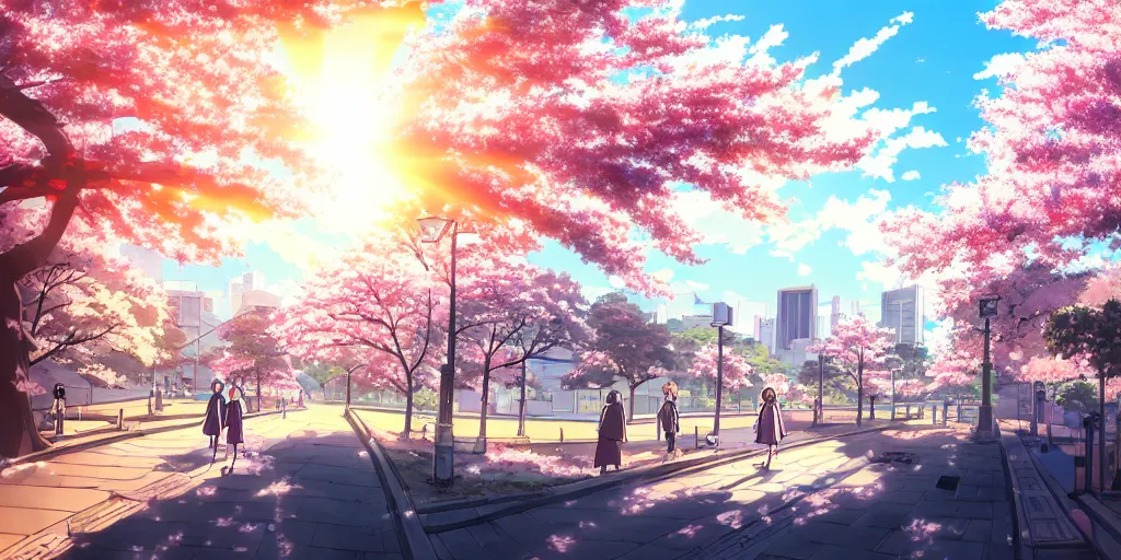 Image similar to anime style cityscape, spring season city, cherry blossoms blowing in the wind, day time, sun high in the sky, sun glare, clear weather, blue sky, tokyo japan, very few people walking, high detail and very sharp, detailed shading, artstation, wallpaper, kyoto animation productions, a silent voice