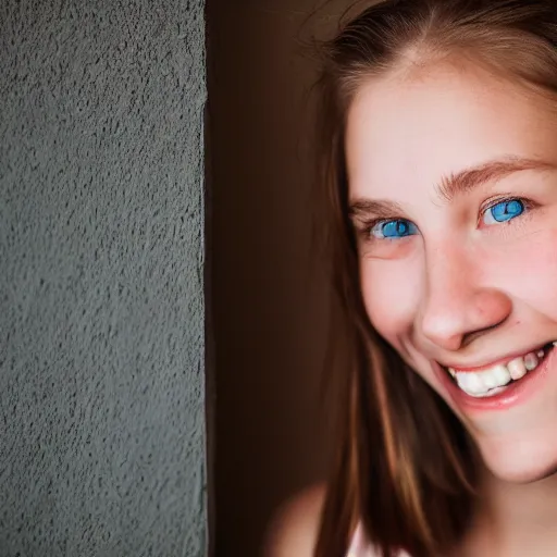 Prompt: high detail, macro portrait photo, a young norwegian girl with short brown hair and blue eyes, smiles at the camera, set in a dimly lit apartment at golden hour, shot using a zeiss supreme prime lens