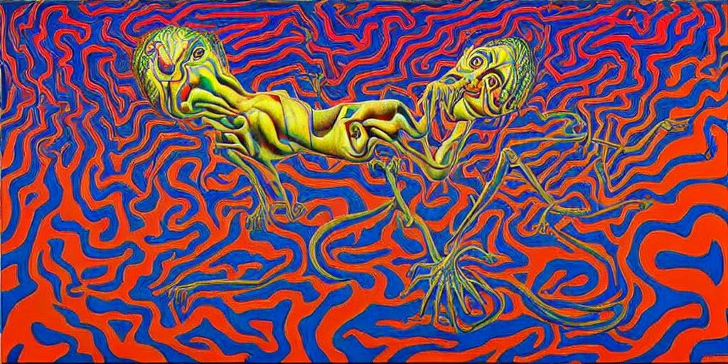 Prompt: basilisk, pain, pleasure, suffering, adventure, alex grey psychedelic dripping color love, abstract oil painting by mc escher tessalation and salvador dali gottfried helnwein