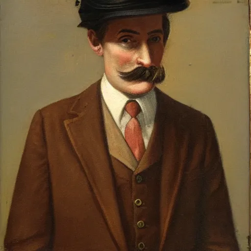 Prompt: portrait of a british man in a flat hat, a small mustache, and a nice brown suit, oil painting