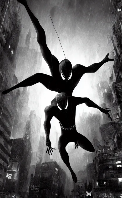 Image similar to epic spiderman noir wallpaper, dynamic lighting, photorealistic fantasy concept art, trending on art station, stunning visuals, creative, cinematic, ultra detailed