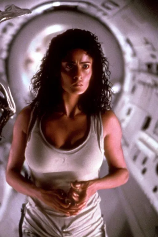 Image similar to film still of salma hayek in the movie Alien, xenomorph mounted on her, cinematic shot, scary, fear emotions, ambient lighting 4k.