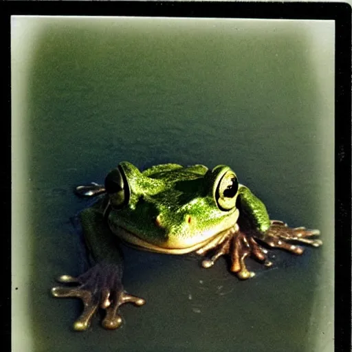 Image similar to semitranslucent smiling frog amphibian floating over misty lake in Jesus Christ pose, polaroid shot by Andrei Tarkovsky, paranormal, spiritual, mystical