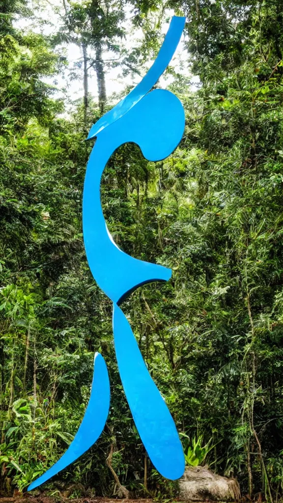 Prompt: bright blue sky reflected in a large and organic chrome sculpture by jean arp, in a lush rainforest