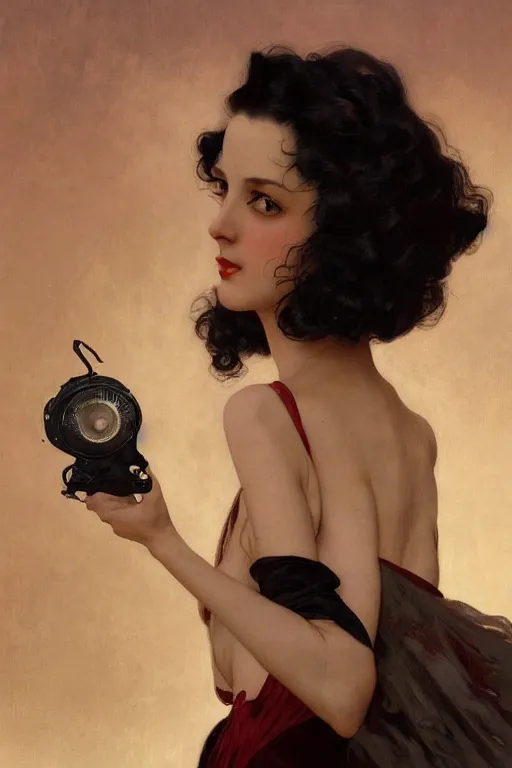 Image similar to high angle photo of a dark haired woman from 2 0 s decade of xx century with robotic eyes, gloomy atmosphere, film noir realistic, sharp focus, 8 k high definition, insanely detailed, artstation, concept art, smooth, sharp focus, illustration, art by artgerm and greg rutkowski and alphonse mucha and william - adolphe bouguereau