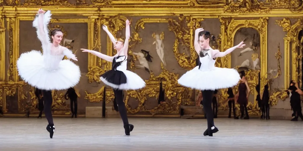 Image similar to a bunny balerina dancing the black swan on the stage of the opera garnier