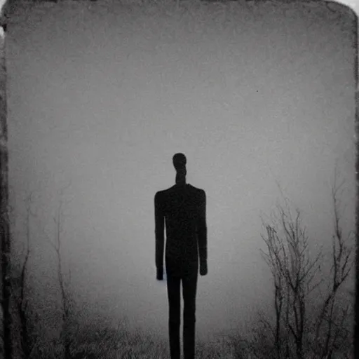 Prompt: creepy scary horror terror dream dark mezzotint slender man old photograph cursed