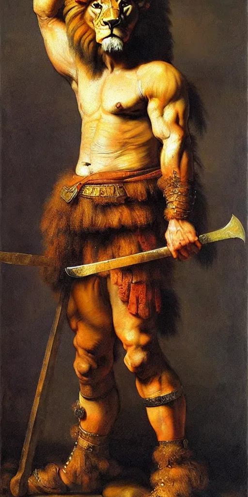 Prompt: muscular lion as barbarian hunter full body ,human legs ,very textured detailed oil painting by rembrandt