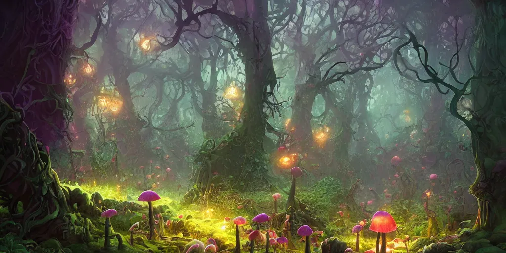 Prompt: enchanted magical fantasy forest, twisting trees, spiralling bushes, spike - like branches, colorful glowing mushroom scattered, dirt path in the middle, dark atmosphere, by andreas rocha and stephan martiniere