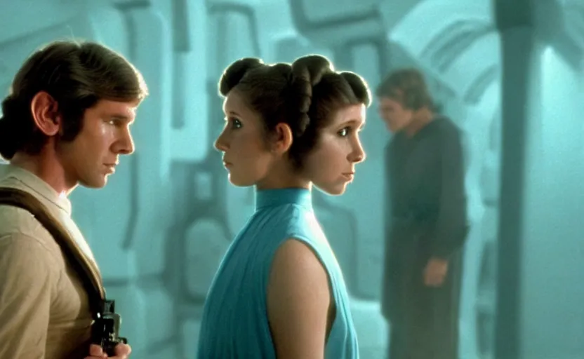Prompt: screenshot portrait of Princess Leia and Han Solo in a teal, round Temple scene from 1980s film by Stanley Kubrick, 4k serene, iconic shot, surreal sci fi set design, photoreal portrait Carrie fischer and Harrison Ford, detailed face, moody lighting stunning cinematography, hyper detailed, sharp, anamorphic lenses, kodak color film