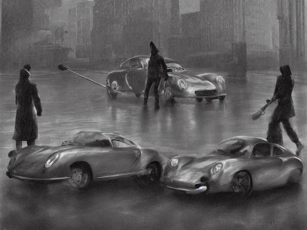 Image similar to Mysterious figure swings a heavy sledgehammer at a silver Porsche 550 with its headlights on, parked on the side of the road in the city of Cologne in the rain, by George Tooker, moody, ominous, lighting, hyper-realistic.