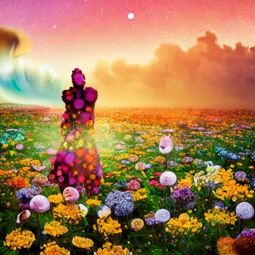 Image similar to A picture of a planet of various flowers, fungus and plants, in which the human figure is dressed in something magical and impressive, inside the picture is infinity, sunset light, Atmospheric phenomenon, artistic photography, muted colors, conceptual