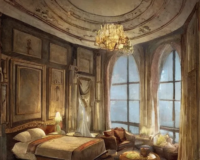 Image similar to a 5 star hotel suite room in the style of renaissance florence, art by greg rutkowski and artgerma, stunning concept art, interior design