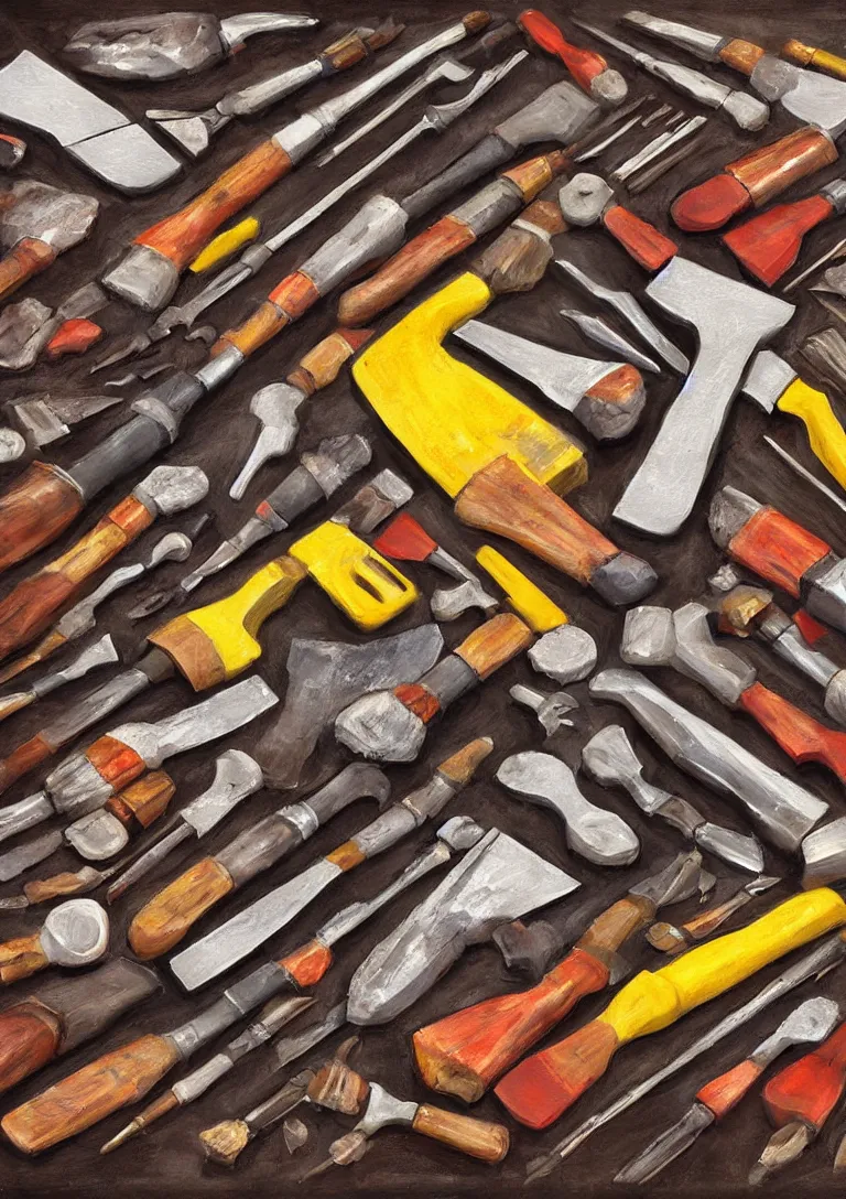 Image similar to a beautiful painting of a toolkit filled with broken hammers, photorealistic, stylized
