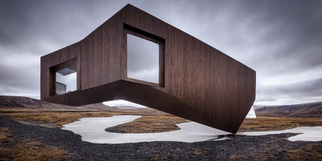 Image similar to futuristic architect house made from deconstucted ash wood and mirrors, floating, portal, iceland landscape photography, by lurie belegurschi and gunnar freyr