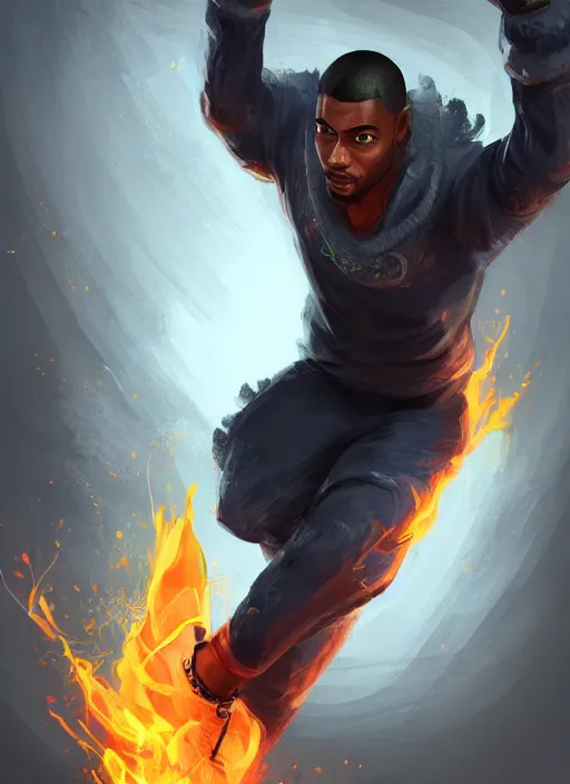 Image similar to a highly detailed illustration of black guy with tall box fade hair wearing tracksuit with flaming hands and feet, heroic flying pose, intricate, elegant, highly detailed, centered, digital painting, artstation, concept art, smooth, sharp focus, league of legends concept art, wlop