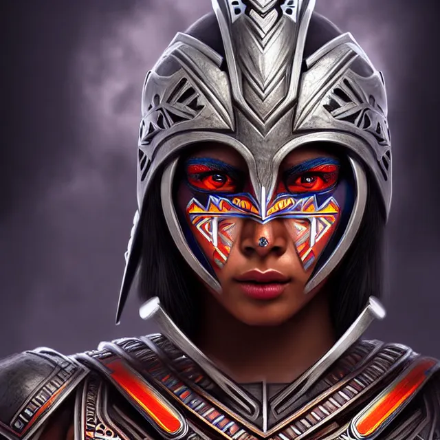 Image similar to futuristic aztec warrior, highly detailed, 4 k, hdr, smooth, sharp focus, high resolution, award - winning photo, artgerm, photorealistic