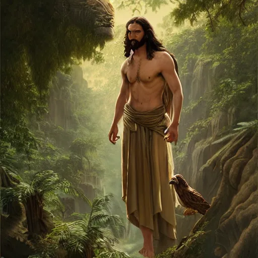 Image similar to a detailed matte painting of a ridiculously good looking jesus who is exploring the prehistoric jungle with his pet falcon, elegant ancient greek dress, jungle as the background, very detailed, beautiful, intricate, art by greg rutkowski and robert e howard, octane render
