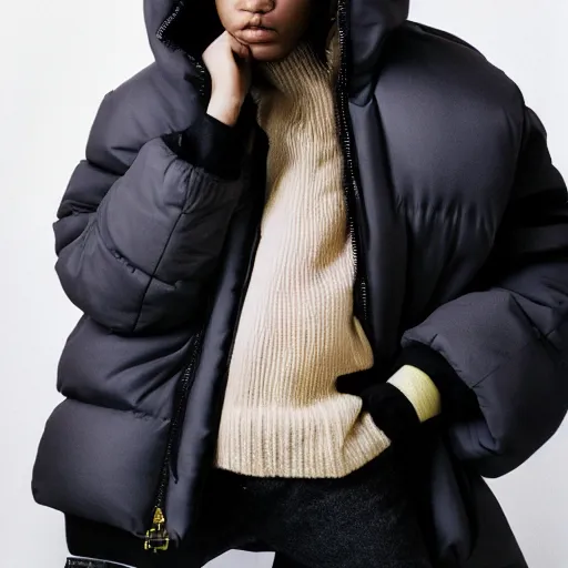 Image similar to realistic! photoshoot for a new balenciaga lookbook, color film photography, portrait of a beautiful woman wearing a puffer jacket, photo in style of tyler mitchell, fisheye lens