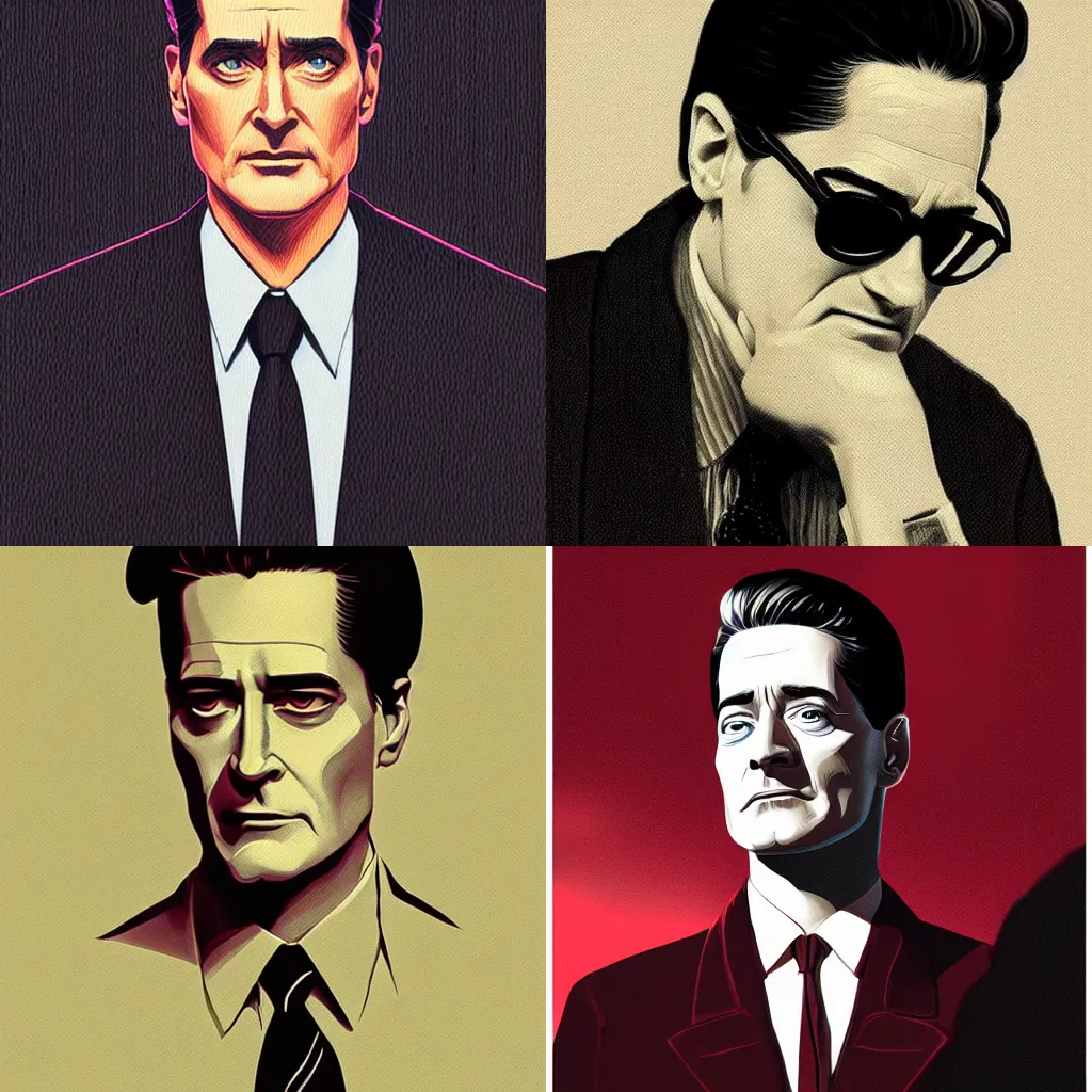 Prompt: Retro Noir Portrait of Dale Cooper Kyle Maclachlan from Twin Peaks intricate, elegant, highly detailed, digital painting, artstation, concept art, smooth, sharp focus by Moebius, Kilian Eng, Deathburger, dan mumford