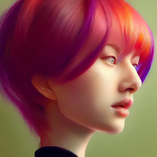Prompt: Detailed Portrait of a cute woman with vibrant pixie hair by Yanjun Cheng and Hsiao-Ron Cheng and Ilya Kuvshinov, 3/4 profile, portrait photography, rim lighting, realistic eyes, photorealism pastel, illustration