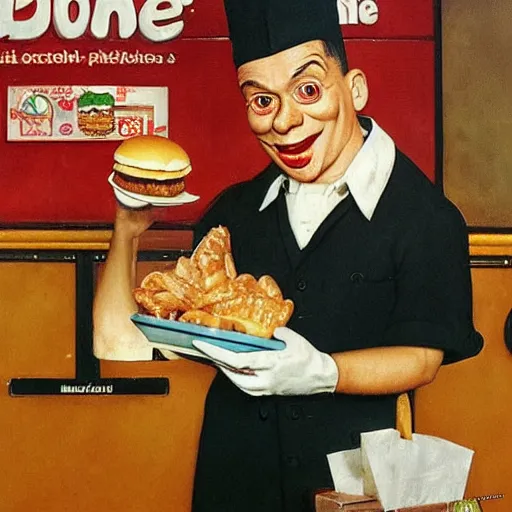 Prompt: pepe working at mcdonalds by norman rockwell