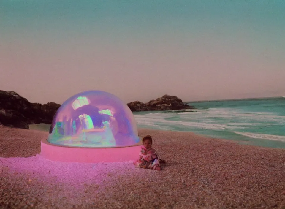 Image similar to a pastel coloured vintage family holiday photo of an empty beach from an alien dreamstate world with chalky pink iridescent!! sand, reflective lavender ocean water, dim bioluminescent plant life and an igloo shaped shiny plastic transparent restaurant next to a looking point. glare. refraction, volumetric light.