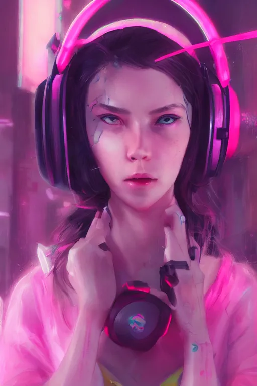 Prompt: gamer girl with a pink headset, city street, cyberpunk, harsh neon lights, highly detailed, sharp focus, digital painting, illustration, trending on artstation, art by sakimichan, wlop, greg rutkowski