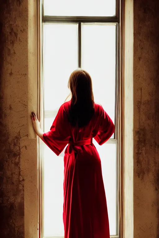 Image similar to a stunning brunette, wearing a silky red robe, sunlight shining through, standing near a window, closeup, cinematic, by wlop