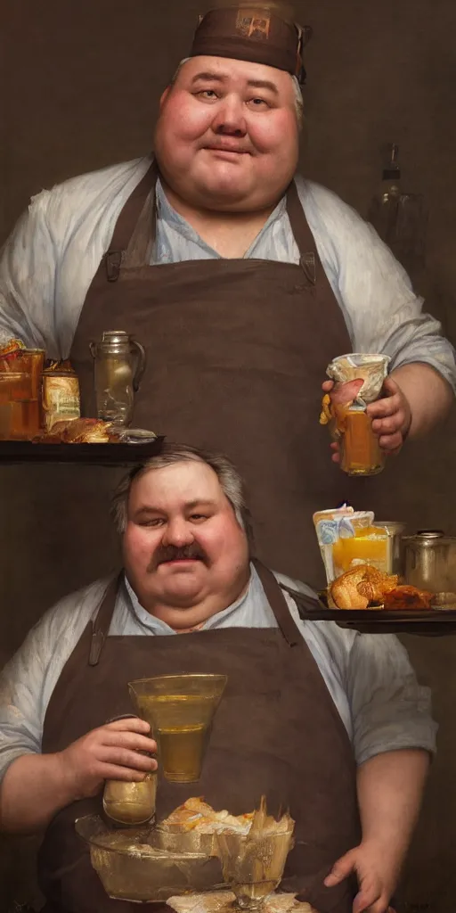 Image similar to portrait of a fat tavern ownler with dirty apron by Edgar Maxence and Ross Tran and Michael Whelan, 8k, octane render