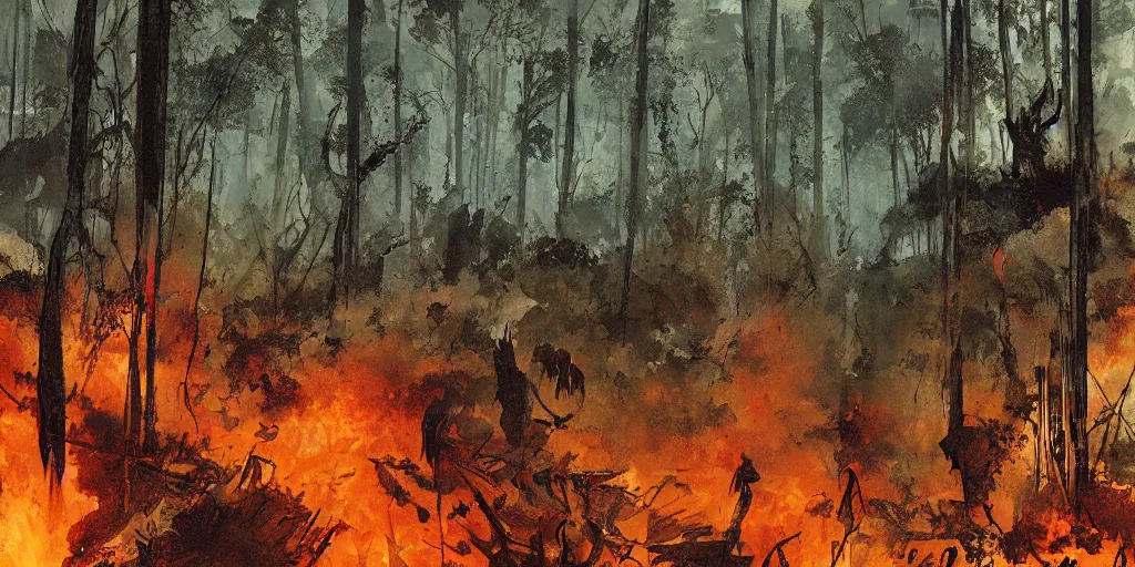 Image similar to amazon forest burning, apocalyptic, very detailed, wide - angle lens, digital art by bill sienkiewicz.