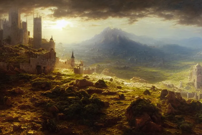 Prompt: an ultra detailed matte landscape painting of king richard the lionhearted as a shonen anime protagonist attacking jerusalem, 8 k, volumetric lighting, art by albert bierstadt and greg rutkowsi