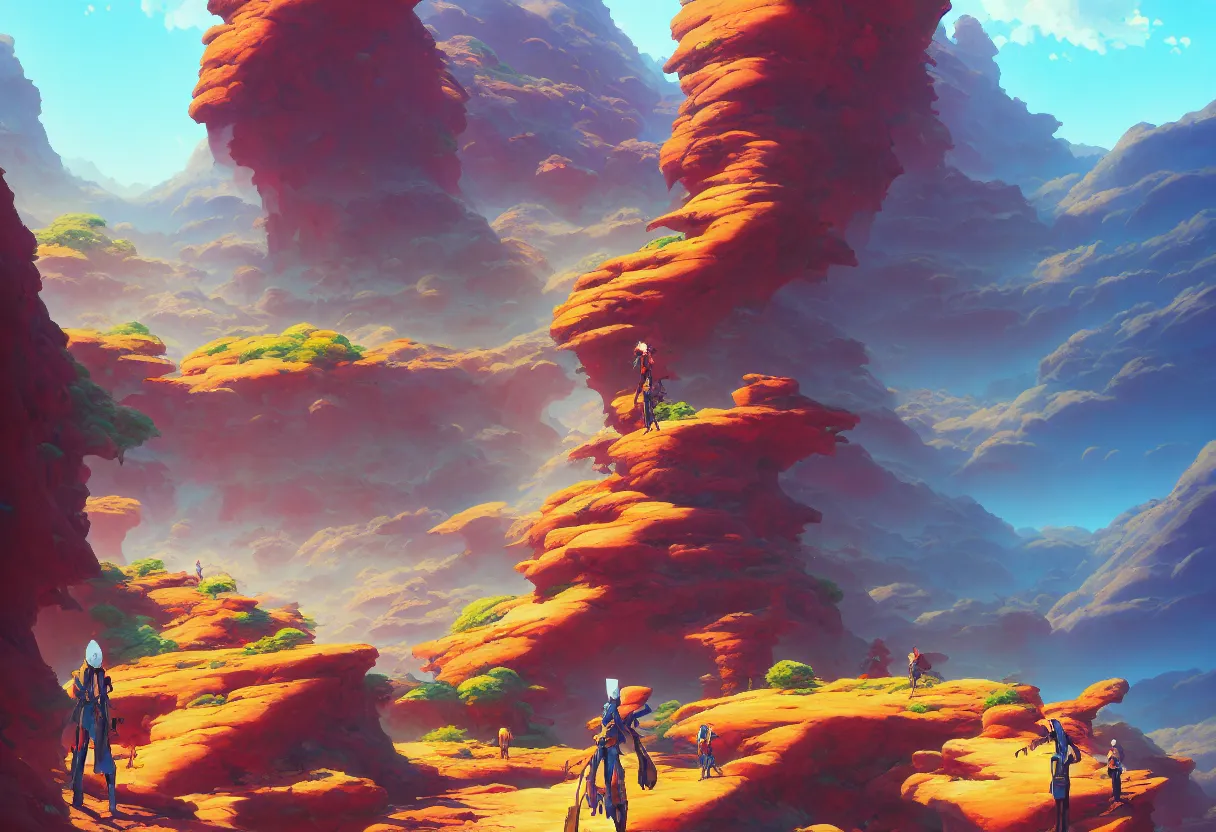 Prompt: arid planet gorge, ntricate oil painting, high detail illustration, sharp high detail, manga and anime 1 9 9 9, official fanart behance hd artstation by jesper ejsing and makoto shinkai, 4 k