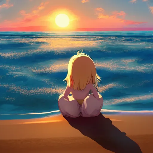 Prompt: beautiful, detailed digital painting of a blond-haired child sitting on the beach looking at the sunset, anime by Makoto Shinkai, sand, waves, trending on artstation