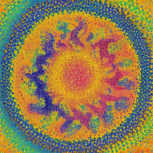 Image similar to a detailled pointillist painting of colorful round patterns, by henri - edmond cross and maximilien luce, textured, relief