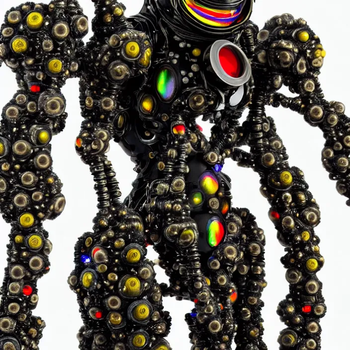 Image similar to a cybernetic symbiosis of a single astronaut mech-organic eva suit made of pearlescent wearing anodized thread knitted shiny ceramic multi colored yarn thread infected with kevlar,ferrofluid drips,carbon fiber,ceramic cracks,gaseous blob materials and diamond 3d fractal lace iridescent bubble 3d skin dotted covered with orb stalks of insectoid compound eye camera lenses orbs floats through the living room, film still from the movie directed by Denis Villeneuve with art direction by Salvador Dalí, wide lens,