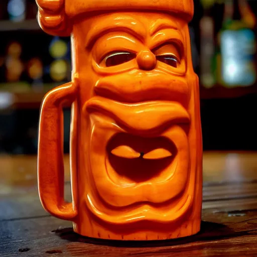 Image similar to a closeup photorealistic photograph of an orange cat garfield style tiki mug at a trader vic's bar featuring garfield's face. tiki theme. bright scene. fine detail. this 4 k hd image is trending on artstation, featured on behance, well - rendered, extra crisp, features intricate detail, epic composition and the style of unreal engine.