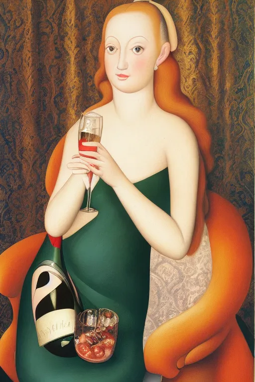 Prompt: portrait of a young woman with blonde hair, wearing an evening dress, drinking champagne, by botero