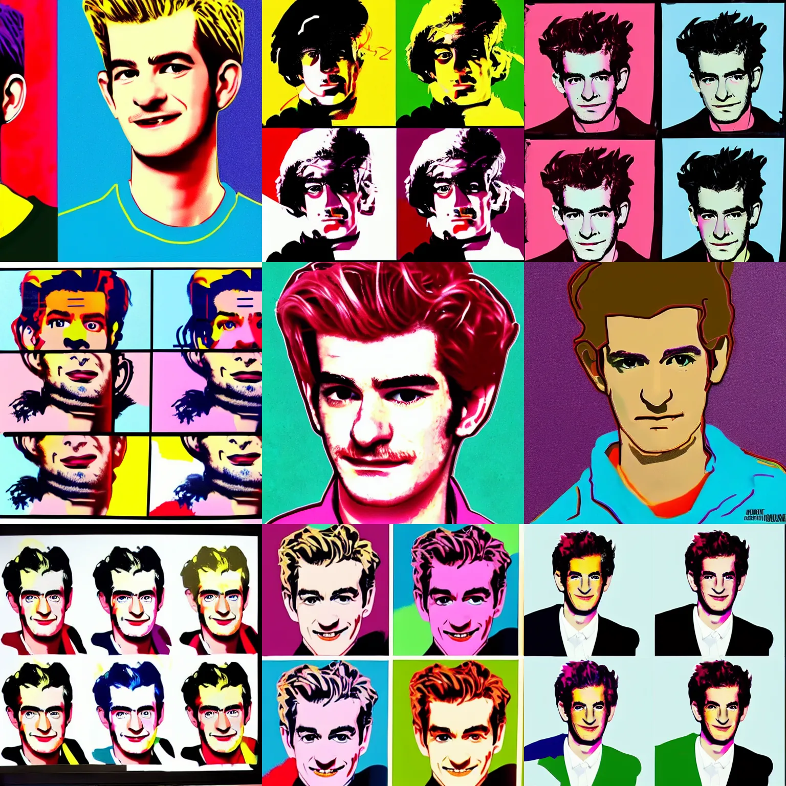 Prompt: A paint with four Andrew Garfield in the style of Andy Warhol